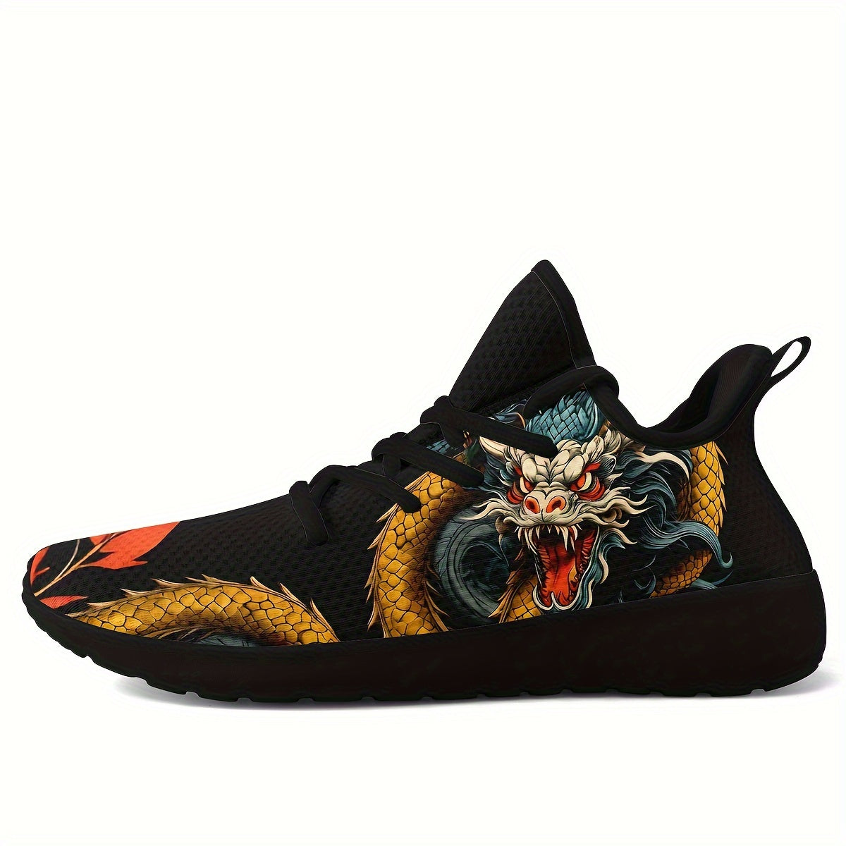 Men's Chinese Dragon Graphic Knit Running Shoes - Comfy Shock Absorption Sneakers